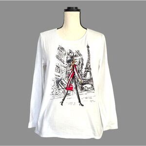 CHICO'S Paris Graphic Embellished Long Sleeve Tee Womens Size M White Cotton